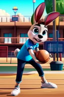 NuPogodiNewHare, (shirt, buckteeth, pants, bunny tail), (outdoor, basketball court, playing basketball, motion lines, motion blur), (masterpiece:1.2), hires, 3D, Unreal Engine Render, ultra-high resolution, 8K, high quality, (sharp focus:1.2), clean, crisp, cinematic, <lora:Hare-18:1>