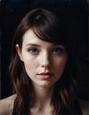 dark shot, face photo of 28 y.o pale woman, makeup, film grain