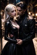 (1girl +1man:1.5), (a goth girl embracing a handsome man with black hair:1), long hair:1, white hair, smirk, evil stare, black clothing, vampires, sexy vampires, handsome rugged male, vampire, elegant