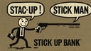 mad stick man with gun robbing stick bank with a text bubble that says "stick up bank man" 