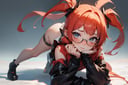 <lora:ddjofb_v1:0.75>, jack-o challenge pose, witch,, masterpiece, best quality, absurdres, highres, 4k, ray tracing, intricate details, highly detailed, (1girl:perfect face, cute, small breasts, long ginger hair, petite, twintails, glasses, freckles) 