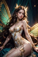 (Masterpiece:1.2), best quality, (illustration:1.2), (ultra-detailed), hyper details, (delicate detailed), 1 girl, solo, magical fairy with long hair and with a long shiny galaxy dress, beautiful diamond wings and butterfly earrings