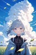 cinematic lighting, cute 1girl, silver short hair, blue eyes, fashionable, trendy outfit, head tilt, straight-on,  chromatic aberration, standing on a vast grassland, beautiful blue sky, cumulonimbus,wind,(upper body),(fluttering leaves),close-up,looking at viewer