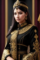 Photorealistic 8k photography, Low-angle digital painting, (Confident young woman in ceremonial uniform:1.3), Symmetrical composition, Black and gold attire, Defined gaze, (Ornate patterns and detailed embroidery:1.2), Smooth dark hair with gold accessories, Subtle frown, Soft bokeh background, Slight blur, Atmospheric lighting