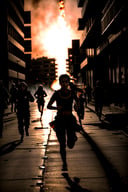 Medium format dark aesthetic photo, (Iranian girl running:1.3), Chaotic street protest, Tense atmosphere, (Flames lighting night sky:1.2), Intense urgency, Silhouettes in turmoil, Cracks of unrest, (Dramatic shadows:1.2), Captured with a Hasselblad 500C/M, 80mm f/2.8 lens, Intense shadows, Vivid contrast, Realistic details, Heightened drama