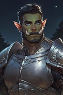 score_9, score_8_up, score_7_up, rating_safe, 1boy, solo, male focus, mature male, orc, green skin, tusks, blue eyes, short hair, black hair, facial hair, beard, mustache, looking at viewer, armor, shoulder armor, breastplate, pauldrons, upper body, closed mouth, standing, outdoors, night, night sky, dark background <lora:Concept Art Eclipse Style LoRA_Pony XL v6:1>