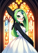 by Miu, by Tokifuji, by Lightsource, (meloetta \(aria form\):1.25), wedding dress, green eyes, three-quarter view, half-length portrait, embarrassed, BREAK, chandelier, stained glass, cathedral, backlighting, detailed background, film photography, soft focus, RAW photo, photorealistic, analog style, subsurface scattering, photorealism, absurd res