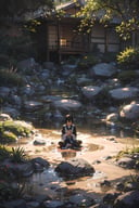 Monk meditating while looking over the garden, Create a tranquil scene of a Japanese Zen garden, featuring raked sand, rocks, Capture the sense of calm and balance.