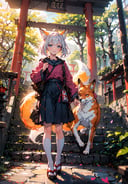 (masterpiece, best quality, chromatic aberration), 1girl stay near a fox,school uniform, blue skirt, stairs, japanese temple, moutain, forest, Torii, (fox \(creature):1.2, close a girl),