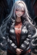 masterpiece, best quality, rating: general, newest, solo, 1girl, smug, smirk, looking at viewer, own hands together, long hair, white hair, blue eyes, dripjacket, black pants <lora:attire_dripjacket_xl-000004:1>
