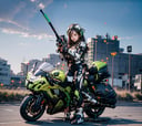 ((10-13yo)), (masterpiece), ((((Kawasaki ZX-10RR motorcycle)))) , sunset background, science fiction,  scenery,  ((((JK student uniform)))), 1girl,  aqua hair color,  light blue eyes, red color, mecha headgear,  sci-fi bodysuits, ((Mecha girl:1)), ((Mecha equipment)), (((Holding a 1500mm caliber sniper rifle))), Girl bends her knees and stands on top of mecha equipment robot, Girl and robot running, (((The girl prepares to take aim))), (non-humanoid robot), non-humanoid robot, high_school_girl, , RRS, MRS, robot, roblit, mechanical arms, PD-802, dragon ear, mecha \(mjstyle\), mecha_girl_figure, <lora:EMS-8523-EMS:0.800000>, , <lora:EMS-34137-EMS:0.300000>, , <lora:EMS-65005-EMS:0.600000>