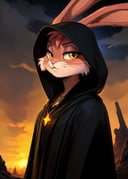 by Ilya Yefimovich Repin, by Furikake, by Glacierclear, toony, (babs bunny:1.25), big eyes, yellow eyes, half-closed eyes, three-quarter view, half-length portrait, serious face, close-up, (black hood), gold and black wizard dress, golden star symbol necklace, BREAK, (backlighting, detailed background:1.3), foreground silhouette, black tower, apocalypse, rock, dead tree, cloud, foggy, storm, sunrise, starry night, lava, masterpiece, best quality, 4k, 2k, high detail, absurd res