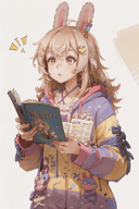 masterpiece, best quality, 1girl,  <lora:(Phase Connect) Pippa Pipkin [8596]:0.8> pipkin pippa, hair ornament, hoodie, reading pamphlet, simple background