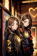 mature female, expressionless, bar, leaning against wall, interior, wooden interior, 2girls, brown hair, shoulder-length hair, yellow eyes, respirator, (black jacket:1.2), (glowing heart:1.2)