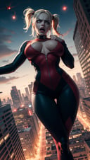 3va,  Harley Quinn fighting in chaotic battle and flying above the city,  red_eyes,  looking ((angry!!)),  shouting,  surprise look,  (glowing eyes:1.3),  large breasts,  body shape of a fitness model,  black fingernails,  levitating,  sky,  zero gravity,  view from above looking down,  depth_of_field, midjourney