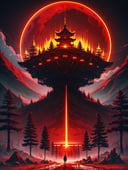 Scif vibes, Otherworldly, Cinematic, Ominous mountain, digital art, inspired by Cyril Rolando, digital art, blood red moon, forest, Japanese temple, beeple and jeremiah ketner, symmetrical digital illustration, realism | beeple, over detailed art, music album art, Creepy