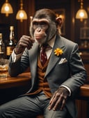the drunk monkey in a vintage suit sitting by the bar, 1920s style, extremely detailed, 8k, 35mm photograph, amazing natural lighting, brilliant composition,