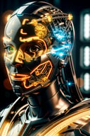 Wide angle 8k-rofile masterpiece, (Cyborg woman head with intricate LED cables:1.2), Symmetrical balance, Translucent gold body, Silver motor head, (Ray guns:1.4), Dramatic shadows, Real-Time Ray Tracing lighting, Volumetric atmosphere, 80 degree view