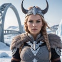 Epic Closeup photo of an  Valkyrie In an ice landscape wearing nordic clothes , bifröst bridge in background