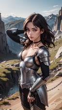 girl,solo,cowboy shot,transparent glowing weapon,from above,adjusting hair,small breasts,chain mail,full armor,choker,red eyes,looking at viewer,proud,game cg,cinematic angle,masterpiece,best quality,score_9,score_8_up,mountain landscape,