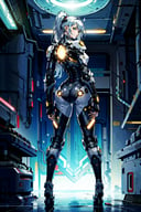 cyborg, futuristic interior, from behind, bent over, head tilt, looking at viewer, subtle smile, hands on own knees, standing, 1girl