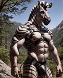 anthro, zebra, male, adult, muscular, veiny muscles, harness, leather undies, realistic fur, detailed background, wilderness background, hyper realism, RAW photo, (realism, photorealistic:1.3), detailed, hi res,