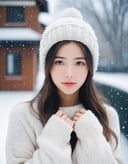 masterpiece, best quality, analogue photo of adult girl in sweater and sweater hat, looking at viewer, long hair,head shot, hold cheeks with hands, close up face, extremely beautiful detailed face, medium breasts, (cute face, temptations look), snowing, snowing background, high key lighting, eye level, Leica M3, Ektar 100, 50mm, (vignette photography), (professional photo, balanced photo, balanced exposure)
