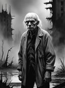 (closeup old man in a destroyed city  atomic blast in the background), Style of stephen gammell, watercolors, black and white, swamp, shadowy creatures, dripping, infected