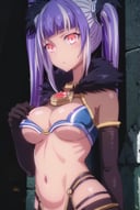 necaisys, <lora:necai sys-lora-nochekaiser:1>,necai sys, long hair, (red eyes:1.3), twintails, purple hair, white hair, multicolored hair, two-tone hair, dark skin, dark-skinned female,BREAK gloves, cleavage, elbow gloves, underboob, fur trim, BREAK indoors, dungeon, cave,BREAK looking at viewer, (cowboy shot:1.5),BREAK <lyco:GoodHands-beta2:1>, (masterpiece:1.2), best quality, high resolution, unity 8k wallpaper, (illustration:0.8), (beautiful detailed eyes:1.6), extremely detailed face, perfect lighting, extremely detailed CG, (perfect hands, perfect anatomy),