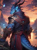 solo, male, mature male, (male anthro dragon:1.3), (blue body:1.1), (standing:1.3), (kemono:1.2), (sunset:1.23), armor, (robe), (looking back:1.2), raised head, (rear view), landscapes, cliff, dawn, horizon, detailed eyes, portrait, dragon tail, horn, (detailed eyes), (outside:1.35), grass, hill, (cloud), (particles ,firefly, blue glowing:1.3), detailed background, 8k hd, (dark shadows, wide dynamic range, hdr, low light:1.2), by Pino Daeni, barazoku, [by dagasi, by zixiong], cygames, by null-ghost, (scenery)