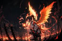 1girl, (fisheye lens), furious, ninja, high ponytail, light flare, one knee, flames, fists floating hair, smoke, flames, (blurry background), Japanese forest, rain, black background, (glowing eyes), night sky, stars, (silhouette), embers, light particles, (feathered wings)