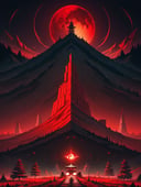Scif vibes, Otherworldly, Cinematic, Ominous mountain, digital art, inspired by Cyril Rolando, digital art, blood red moon, forest, Japanese temple, beeple and jeremiah ketner, symmetrical digital illustration, realism | beeple, over detailed art, music album art, Creepy