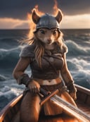 Closeup photo of an anthro viking squirrel female on his boat , epic pose, natural light, stormy sea, wearing a viking helmet and and viking outfit, runes , angry , burning viking ship in the background, holding a  viking sword with glowing runes, high quality photography, 3 point lighting, flash with softbox, 4k, Canon EOS R3, hdr, smooth, sharp focus, high resolution, award winning photo, 80mm, f2.8, bokeh