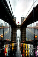 Wide angle oil painting, (New York bridge in pouring rain:1.3), Centrally focused, Crowded bridge, Umbrella-toting figures, (Slick wet roads:1.2), Reflective puddles, Vibrant umbrellas, (Misty atmosphere:1.2), Thick impasto brushstrokes, Dynamic textures, Energetic strokes, Captured with oil paint on canvas