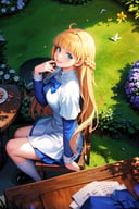 masterpiece, best quality, solo, (fantasy setting, medieval times:1.5), (beautiful garden, plants, trees, garden table, sitting in garden chair:1.3), eating cake,  <lora:TalesWeaver_TichielJuspian_v1-000168:0.9>, smiling, (cute  birds:1.5), blonde hair, blunt bangs, ahoge, twin braids, (very long hair:1.5), (white dress over blue dress, blue hem:1.1), apron, white cuffs, long sleeves, short over long sleeves, kneehighs, white socks, (black footwear:1.2), mary janes, birds, blue eyes, blue bow, (from side:1.3), (from above, pov:1.1), (closeup:1.5)