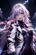 android, mechanical arms, lightning, purple lightning, clouds, (dark theme:1.3), outstretched arms, wide eyed, limited pallete, cinematic lighting, backlight, white hair, absurdly long hair, hair over one eye, purple eyes, seductive smile, evil smile, wide-eyed, head tilt, white jacket, purple, purple theme, open mouth, constricted pupils, <lora:constricted_pupils_v0.2a:1>