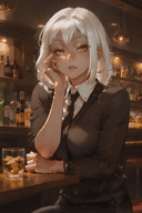 masterpiece, best quality, upper body, 1girl, white hair, yellow eyes, detailed eyes, half-closed eyes, shaded face, black necktie, medium breasts, collared shirt, black pants, sitting, elbow rest, (in a bar),