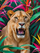 a documentary photograph roaring lioness in the abstract pastel maximalist jungle