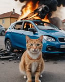 portrait of a surprised cat, car explosion in the background, High detailed RAW color Photo, 8k,<lora:detamodel3:1>