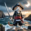 a cute cat pirat one piece outfit wearing a staw hat he is raising his saber and is standing on a cliff and is looking down on an stormy ocean a new dawn is rising on the horizont, high quality photography, 3 point lighting, flash with softbox, 4k, Canon EOS R3, hdr, smooth, sharp focus, high resolution, award winning photo, 80mm, f2.8, bokeh