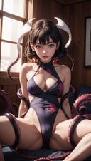 masterpiece,best quality,Ray tracing,hdr,volumetric lighting,cleavage,sexy,1girl,arima kana,oshi no ko,small breasts,(tentacles:1.2),wrap around body,spread legs,suspension by tentacles,costume,indoors,camaltoe,