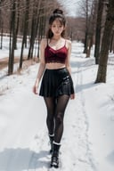 主：(snowy woods), 人：best quality,  photo realistic,  master piece,  1girl,  female lowteen,  look down,  smug,  step on viewer,  blush,  full body, 體：(((little girl’s body))), (((petite body))), The calves are relatively long, 服：Wearing lace-up snow boots, black Sleeveless spaghetti strap low-cut lace vest,  Red mini pleated skirt, (black compression tights),<lora:EMS-93-EMS:1.000000>