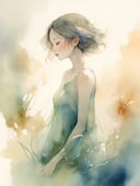 1girl,  watercolor washes, translucent layers, delicate blending, fluid textures, subtle hues, organic forms, poetic atmosphere