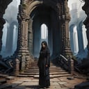 (high quality), nodf_lora, 1girl, solo, portrait, long hair, dress, rock temple, standing, stairs, ruins, pillar, scenery, (depth of field, haze, dark), <lora:notion_of_dark_fantasy-nodf-08:1> 