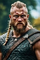 8K, high quality, bokeh, an image of the Viking Ragnar Lothbrok looks angry.hyper-realistic, Cinematic,