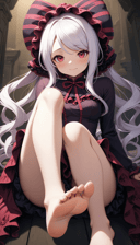 (masterpiece, best quality, very aesthetic, ultra detailed), intricate details,1girl, shalltear bloodfallen, overlord \(maruyama\), white hair, hair bow, red eyes, purple dress, frilled dress, barefoot, bare legs, foot focus, knees up,