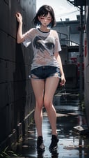 HDR photo of,(dark night, minimal light, moody, deep shadows:1.1),(full body shot),a gorgeous sensual woman,eyes closed,leaning up against a stone wall,(torn t-shirt:1.2),torn shirt,torn clothes,her skin and hair are soaking wet,(soaking wet clothes),(heavy water flowing down the wall:1.3),(heavy rain:1.4),(rain),high dynamic range,vivid,rich details,clear shadows and highlights,realistic,intense,enhanced contrast,highly detailed,