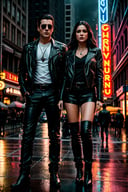 masterpiece of photorealism, photorealistic highly detailed professional 8k raw photography, best hyperrealistic quality, volumetric real-time lighting and shadows, Compose a stunning picture with a man and a woman as protagonists. The man should be wearing Gothic Vampire Attire, the woman should be wearing Leather Jacket, White Tee, and Skinny Jeans with Ankle Boots, exuding the adventurous spirit and action of a Hollywood blockbuster. Place them in a Retro Neon Signs on Rainy Streets landscape full of busy people. Capture the play of natural light, emphasizing their features and the beauty of the environment. The image should be taken from a Zoom Shot perspective
