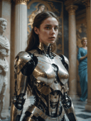 cinematic film still, close up, a robot woman stands tall, half-human half machine, amongst an ancient Greek gallery of paintings and marble, religious symbolism, quantum wavetracing, high fashion editorial, glsl shaders, semiconductors and electronic computer hardware, amazing quality, wallpaper, analog film grain, perfect face skin <lora:aesthetic_anime_v1s:1.1>