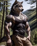 anthro, wolf, male, seductive pose, adult, veiny muscles, muscular, tank top, pants, necklace, realistic fur, detailed background, wilderness background, hyper realism, RAW photo, (realism, photorealistic:1.3), detailed, hi res,